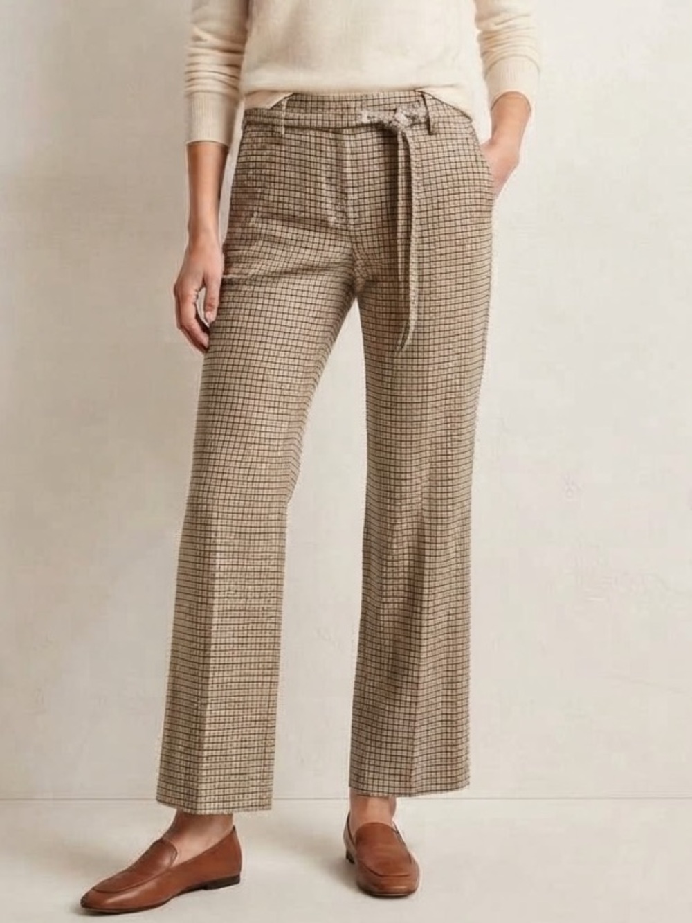 Banana Republic Sz 6 2025 Plaid Neutral Wool Blend Belted Pants